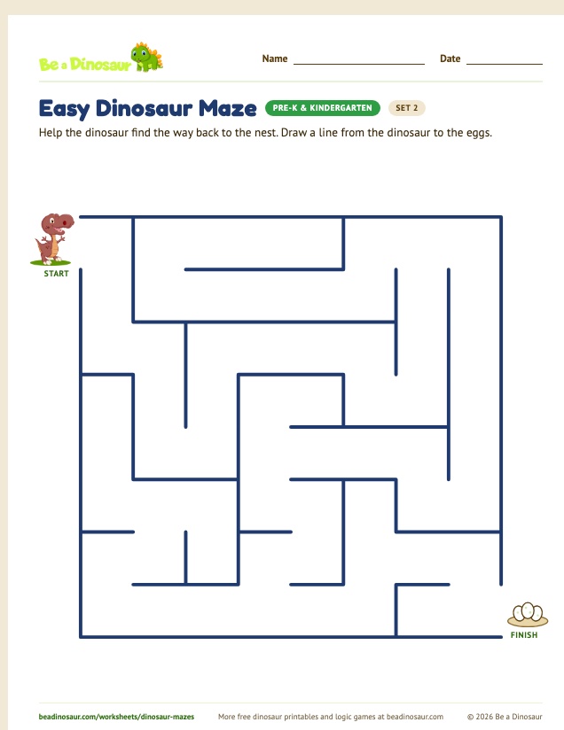 Easy Dinosaur Maze worksheet, set 2 (free printable from Be a Dinosaur)