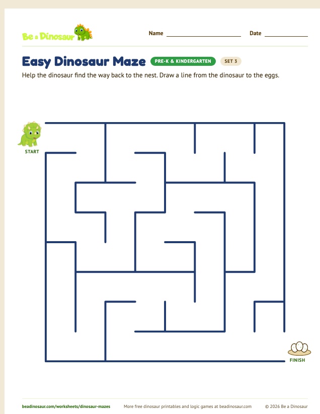 Easy Dinosaur Maze worksheet, set 3 (free printable from Be a Dinosaur)