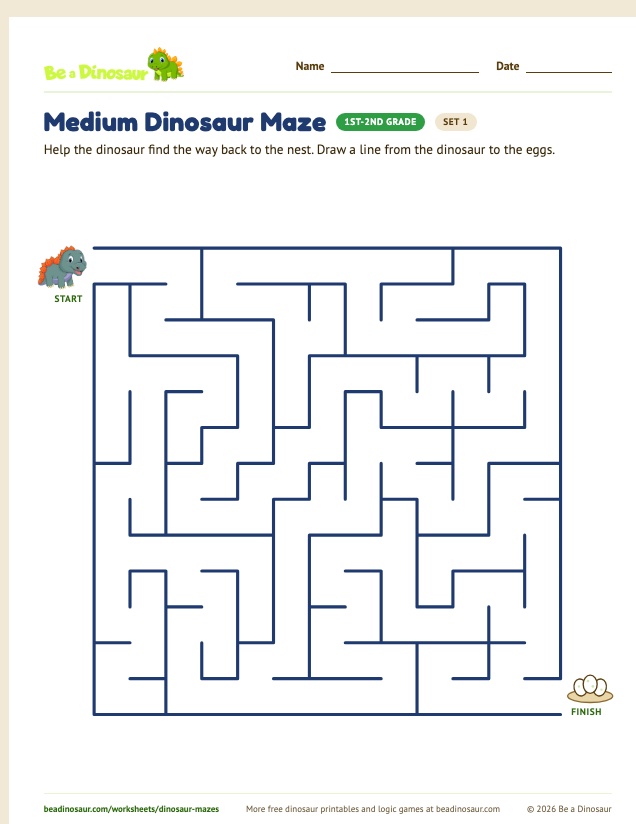 Medium Dinosaur Maze worksheet, set 1 (free printable from Be a Dinosaur)
