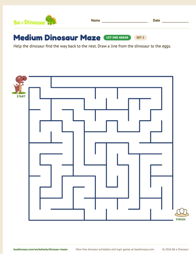 Medium Dinosaur Maze worksheet, set 2 (free printable from Be a Dinosaur)