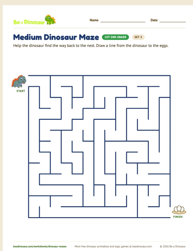 Medium Dinosaur Maze worksheet, set 3 (free printable from Be a Dinosaur)