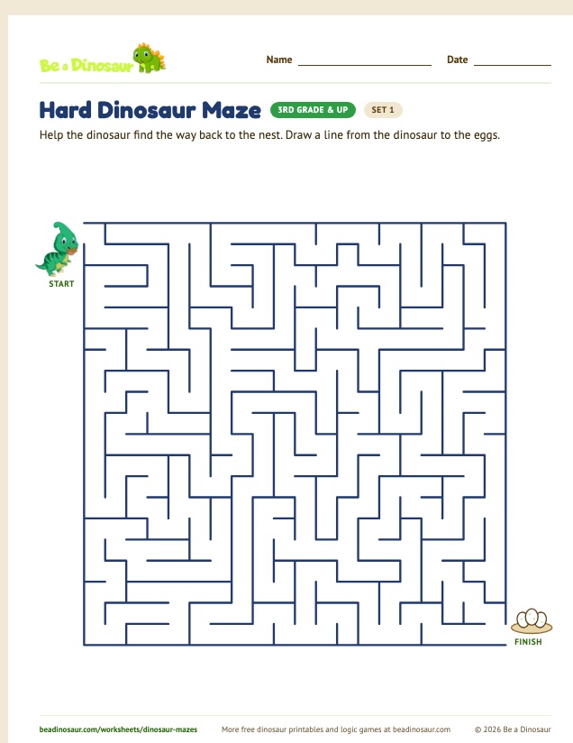 Hard Dinosaur Maze worksheet, set 1 (free printable from Be a Dinosaur)