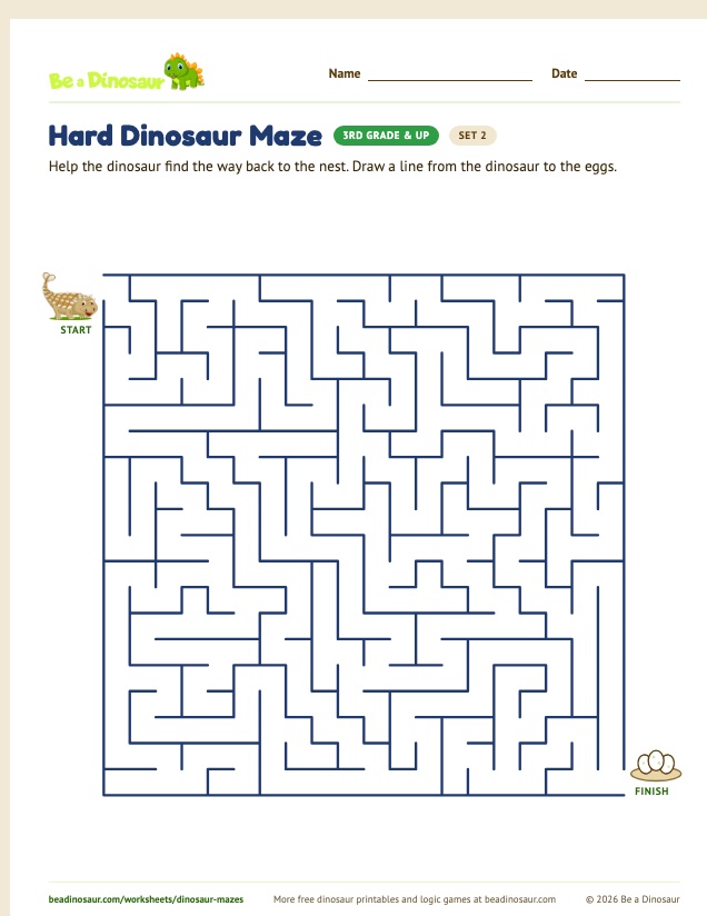 Hard Dinosaur Maze worksheet, set 2 (free printable from Be a Dinosaur)