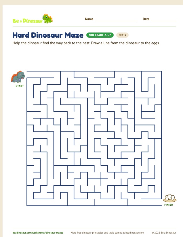Hard Dinosaur Maze worksheet, set 3 (free printable from Be a Dinosaur)