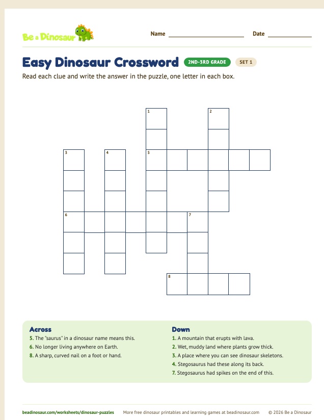 Easy Dinosaur Crossword worksheet, set 1 (free printable from Be a Dinosaur)