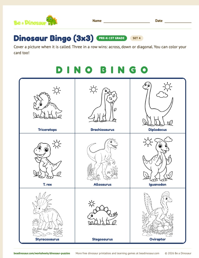 Dinosaur Bingo (3x3) worksheet, set 4 (free printable from Be a Dinosaur)