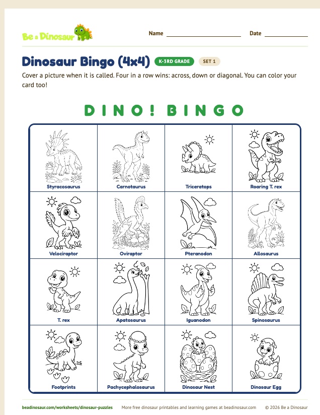 Dinosaur Bingo (4x4) worksheet, set 1 (free printable from Be a Dinosaur)