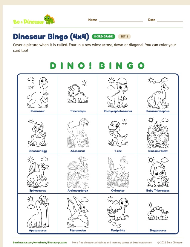 Dinosaur Bingo (4x4) worksheet, set 2 (free printable from Be a Dinosaur)