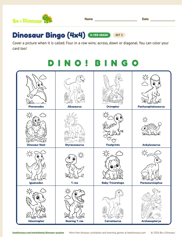 Dinosaur Bingo (4x4) worksheet, set 3 (free printable from Be a Dinosaur)