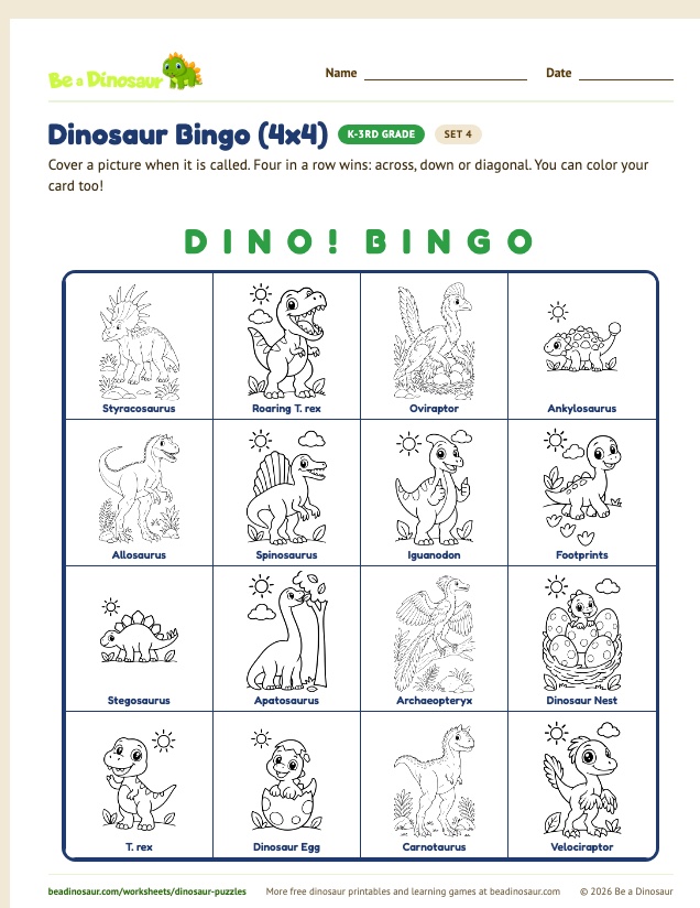 Dinosaur Bingo (4x4) worksheet, set 4 (free printable from Be a Dinosaur)