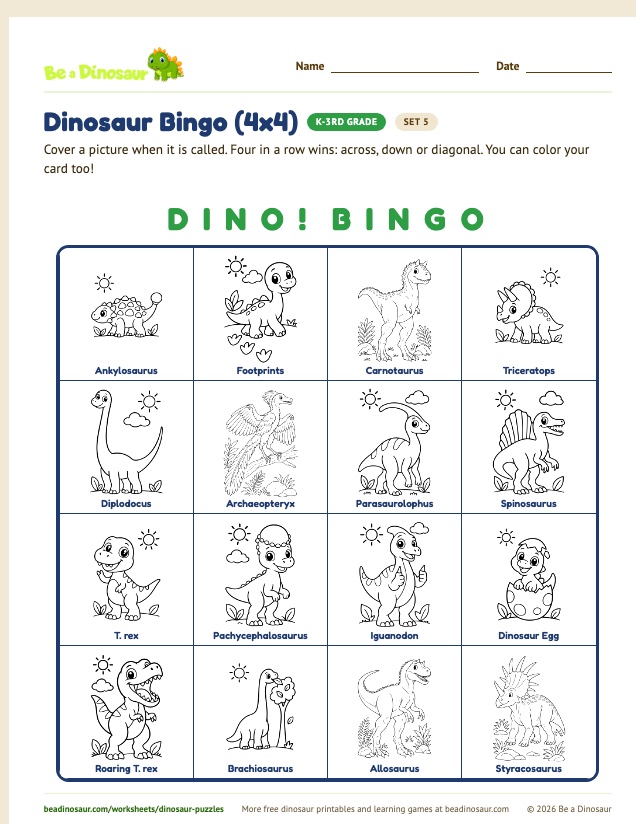 Dinosaur Bingo (4x4) worksheet, set 5 (free printable from Be a Dinosaur)