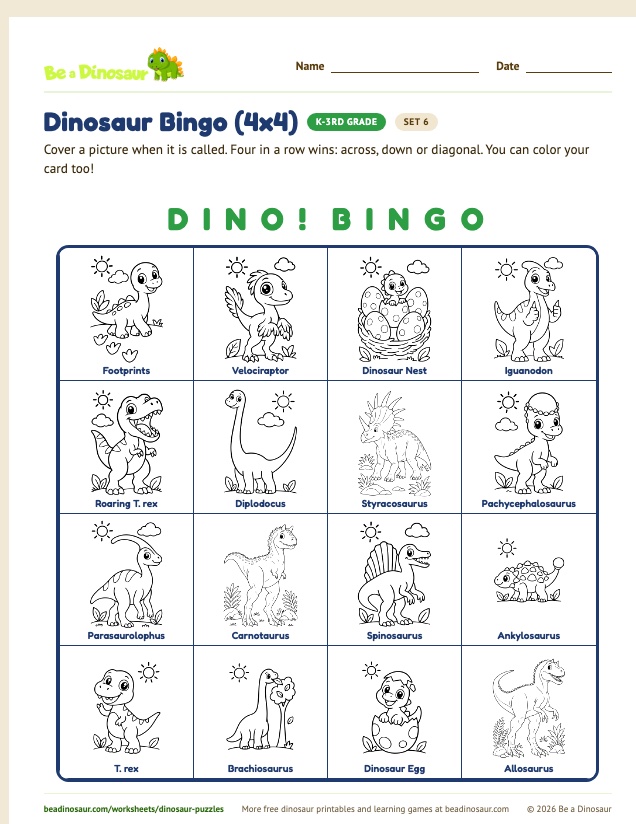 Dinosaur Bingo (4x4) worksheet, set 6 (free printable from Be a Dinosaur)