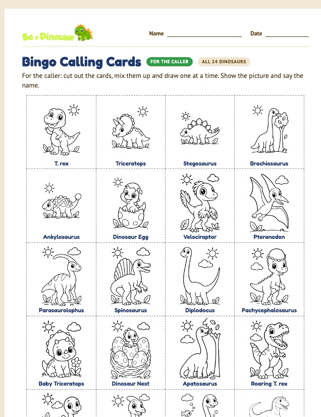 All 24 dinosaurs worksheet (free printable from Be a Dinosaur)