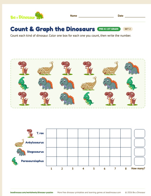 Count & Graph the Dinosaurs worksheet, set 2 (free printable from Be a Dinosaur)