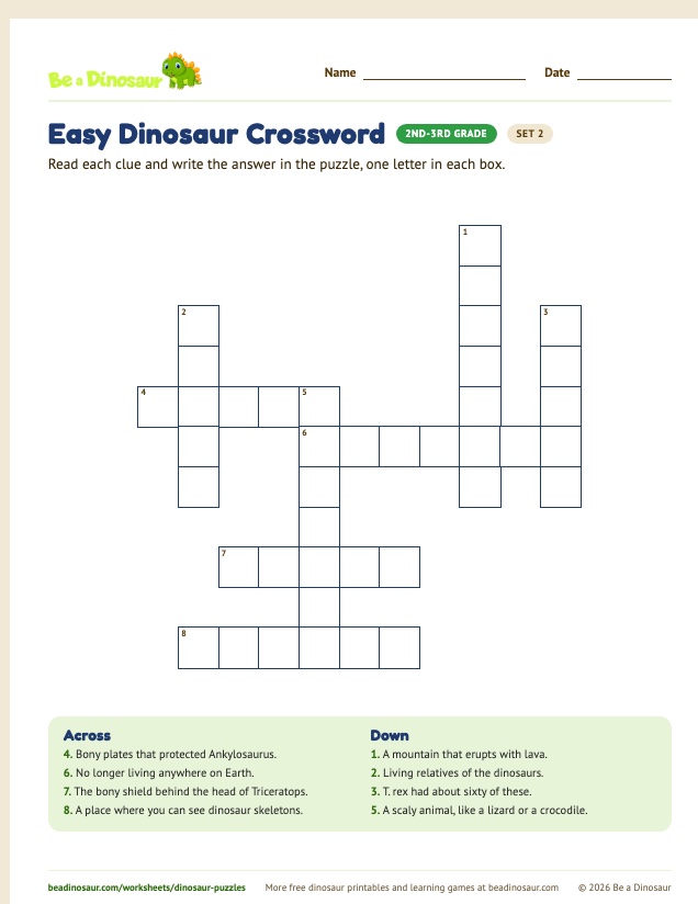 Easy Dinosaur Crossword worksheet, set 2 (free printable from Be a Dinosaur)