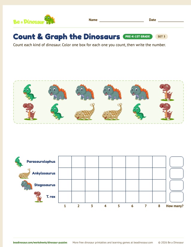 Count & Graph the Dinosaurs worksheet, set 3 (free printable from Be a Dinosaur)