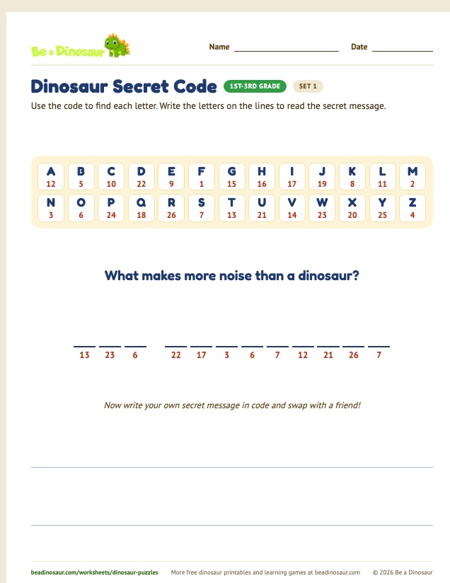 Dinosaur Secret Code worksheet, set 1 (free printable from Be a Dinosaur)