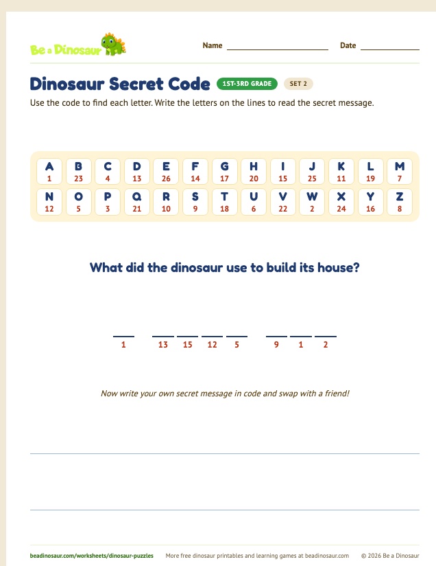 Dinosaur Secret Code worksheet, set 2 (free printable from Be a Dinosaur)