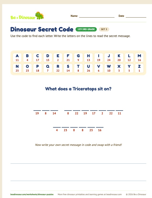 Dinosaur Secret Code worksheet, set 3 (free printable from Be a Dinosaur)