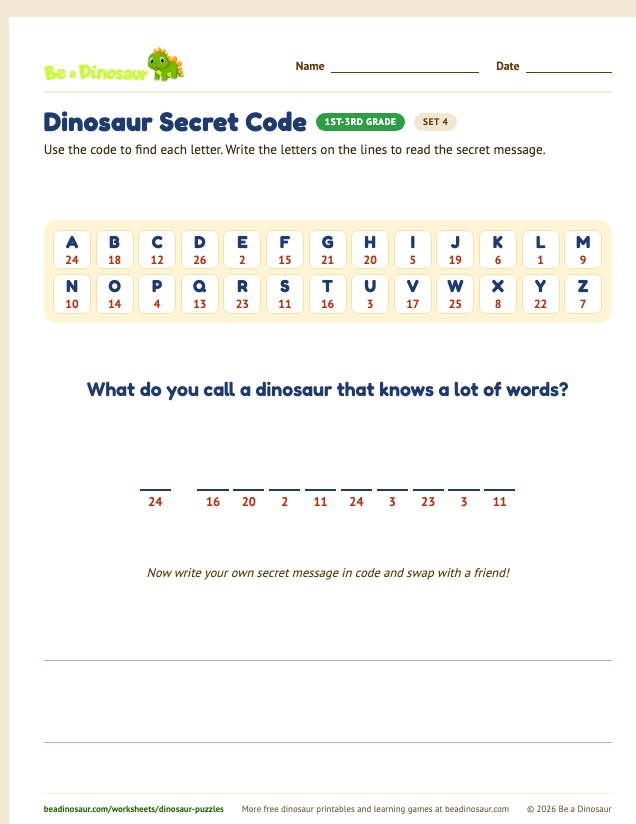 Dinosaur Secret Code worksheet, set 4 (free printable from Be a Dinosaur)