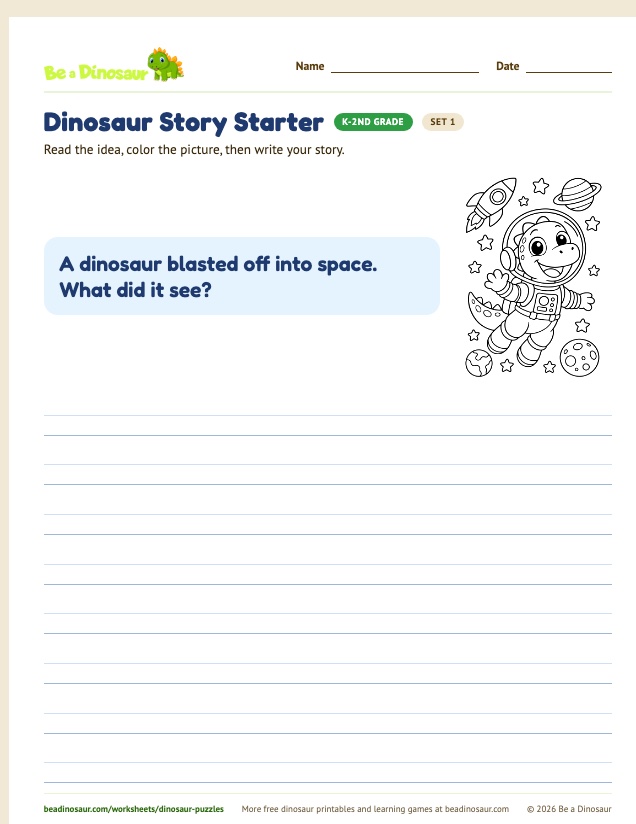 Dinosaur Story Starter worksheet, set 1 (free printable from Be a Dinosaur)