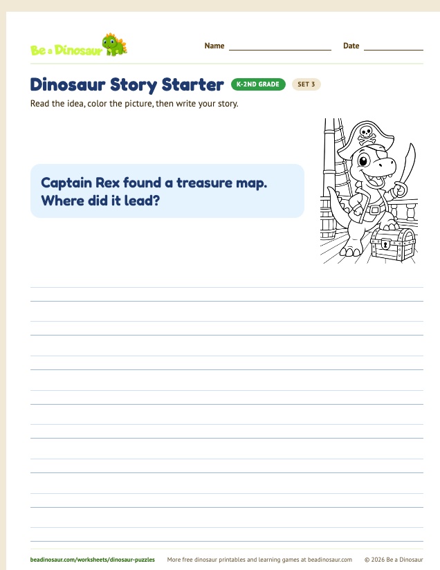 Dinosaur Story Starter worksheet, set 3 (free printable from Be a Dinosaur)
