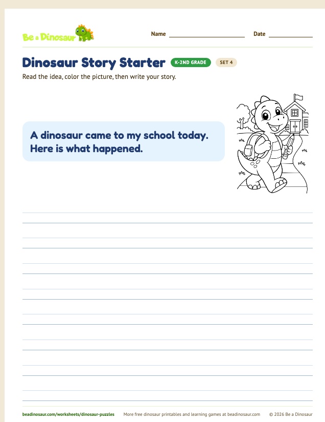 Dinosaur Story Starter worksheet, set 4 (free printable from Be a Dinosaur)