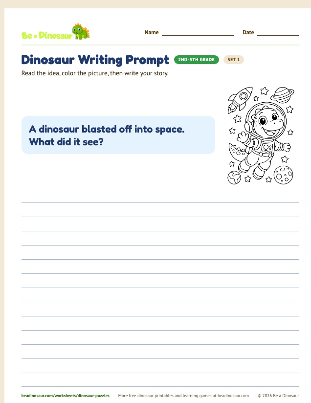 Dinosaur Writing Prompt worksheet, set 1 (free printable from Be a Dinosaur)