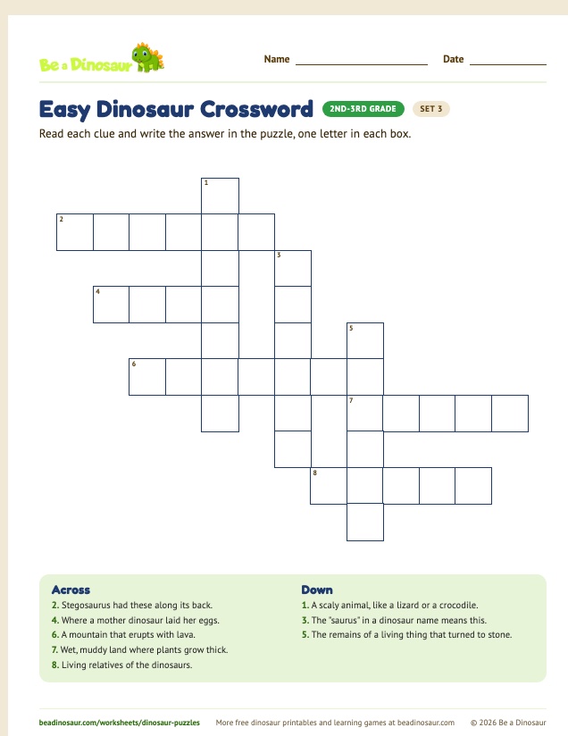 Easy Dinosaur Crossword worksheet, set 3 (free printable from Be a Dinosaur)