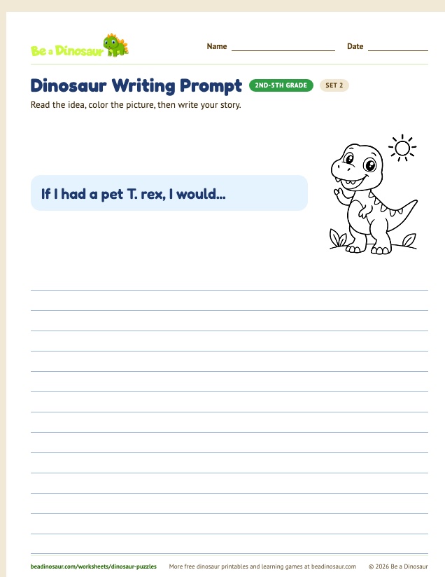 Dinosaur Writing Prompt worksheet, set 2 (free printable from Be a Dinosaur)