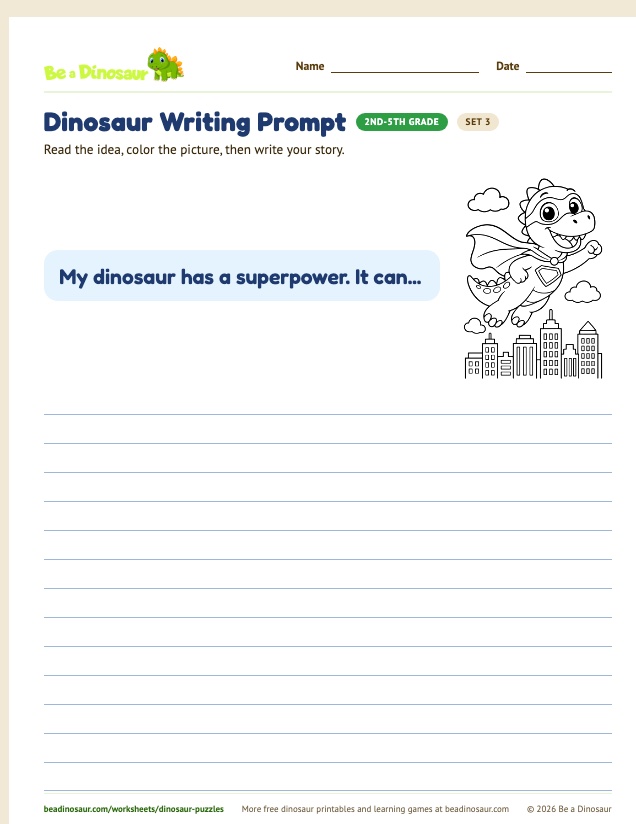 Dinosaur Writing Prompt worksheet, set 3 (free printable from Be a Dinosaur)