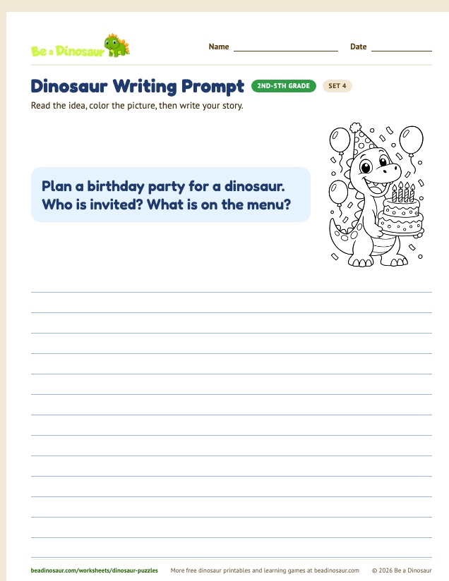Dinosaur Writing Prompt worksheet, set 4 (free printable from Be a Dinosaur)