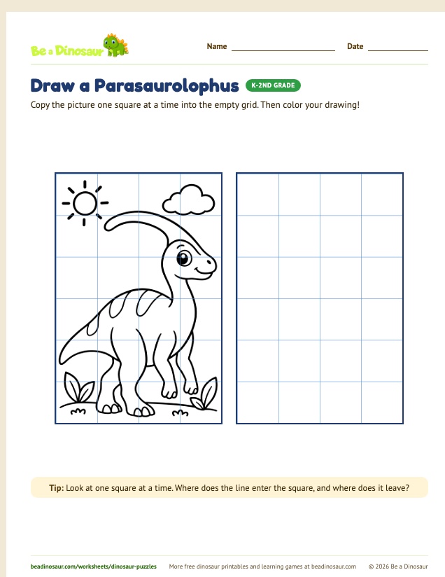 Grid Drawing (Easy) worksheet, set 2 (free printable from Be a Dinosaur)