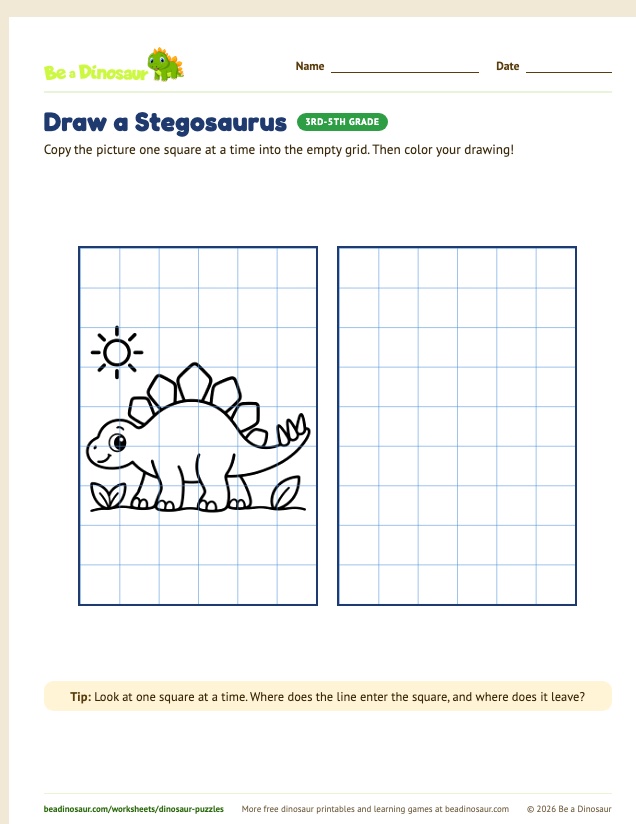 Grid Drawing worksheet, set 2 (free printable from Be a Dinosaur)