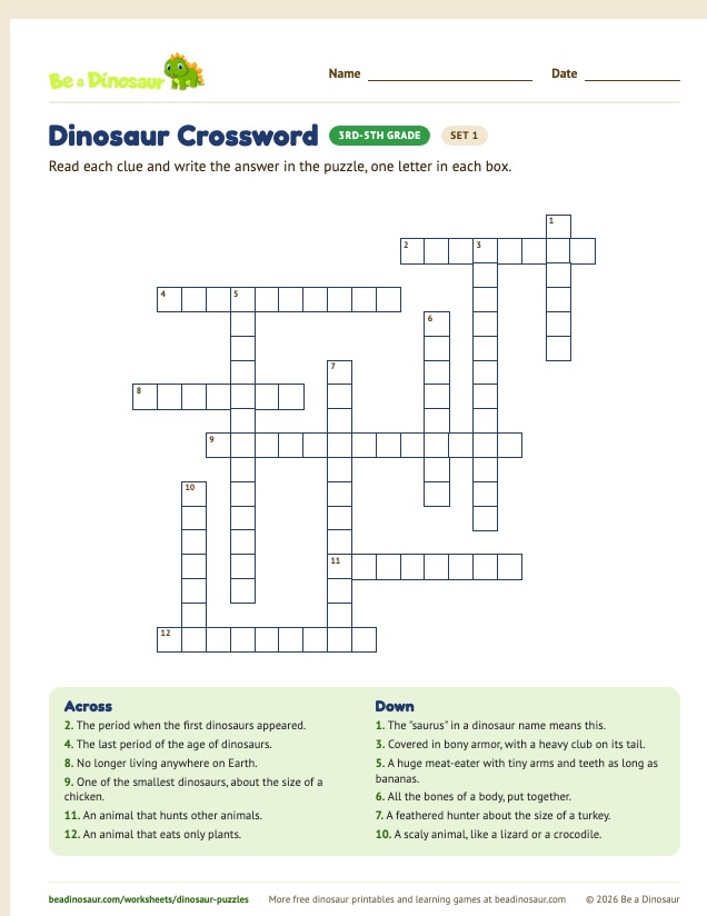 Dinosaur Crossword worksheet, set 1 (free printable from Be a Dinosaur)