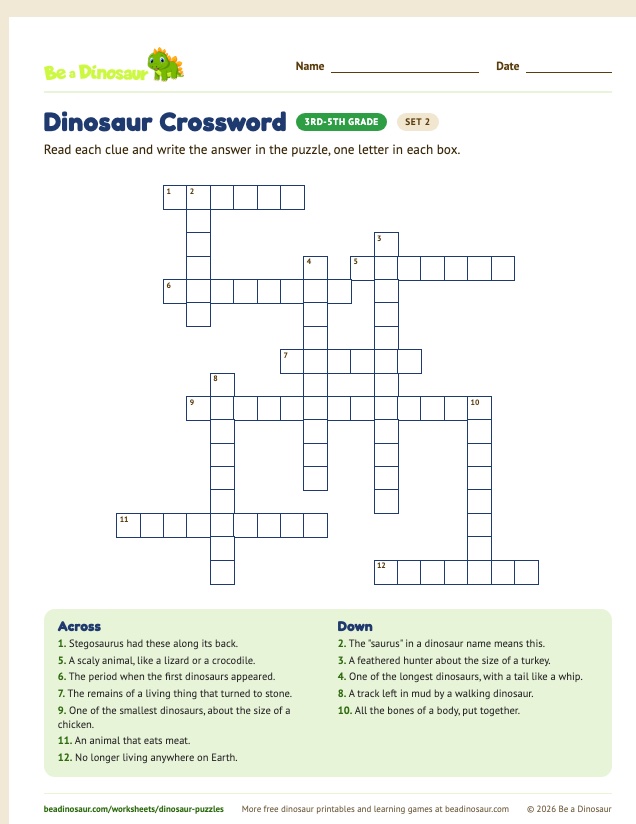 Dinosaur Crossword worksheet, set 2 (free printable from Be a Dinosaur)