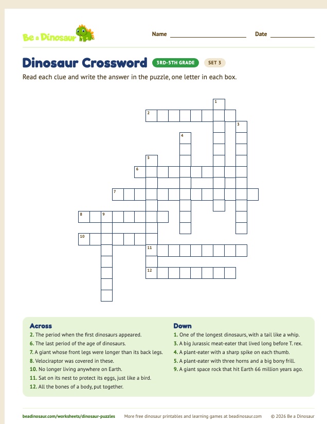 Dinosaur Crossword worksheet, set 3 (free printable from Be a Dinosaur)