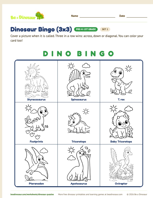 Dinosaur Bingo (3x3) worksheet, set 1 (free printable from Be a Dinosaur)