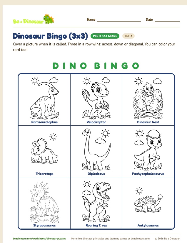 Dinosaur Bingo (3x3) worksheet, set 2 (free printable from Be a Dinosaur)