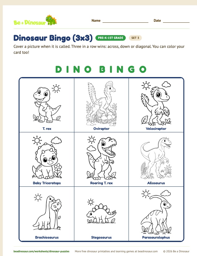 Dinosaur Bingo (3x3) worksheet, set 3 (free printable from Be a Dinosaur)
