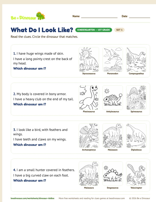 What Do I Look Like? worksheet, set 1 (free printable from Be a Dinosaur)