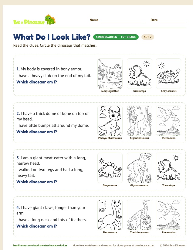 What Do I Look Like? worksheet, set 2 (free printable from Be a Dinosaur)