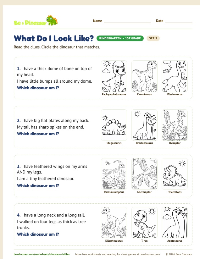 What Do I Look Like? worksheet, set 3 (free printable from Be a Dinosaur)