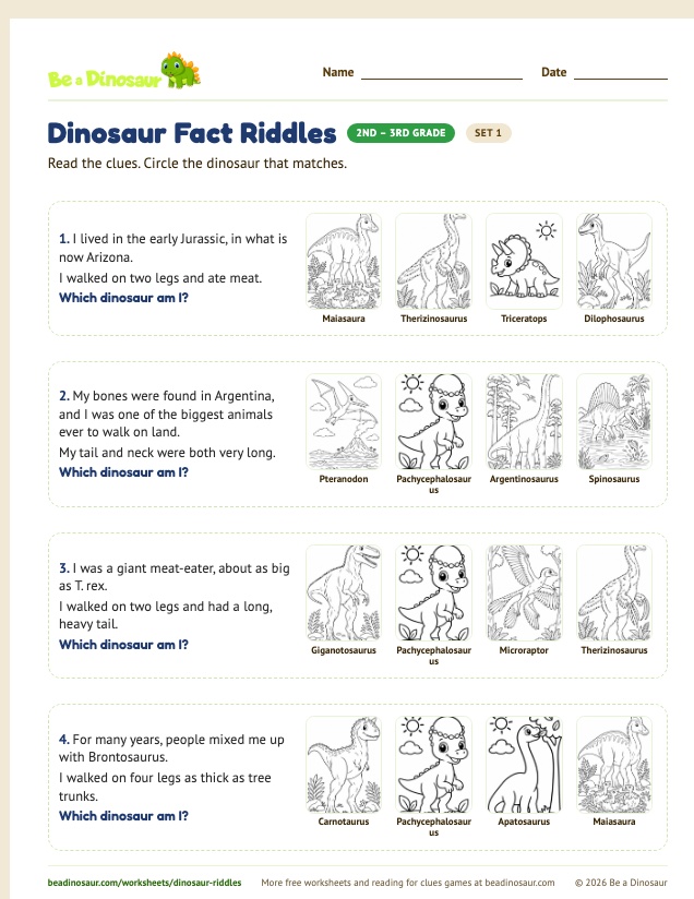 Dinosaur Fact Riddles worksheet, set 1 (free printable from Be a Dinosaur)