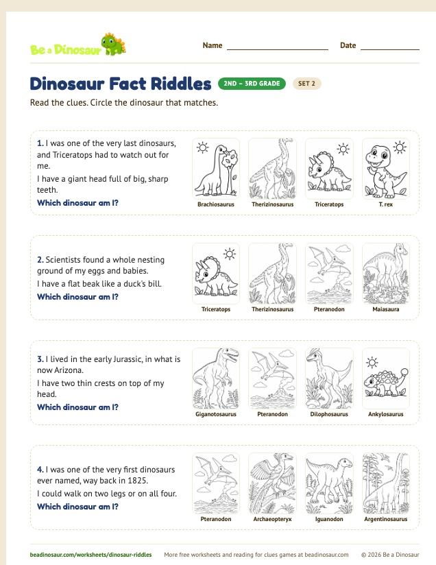 Dinosaur Fact Riddles worksheet, set 2 (free printable from Be a Dinosaur)