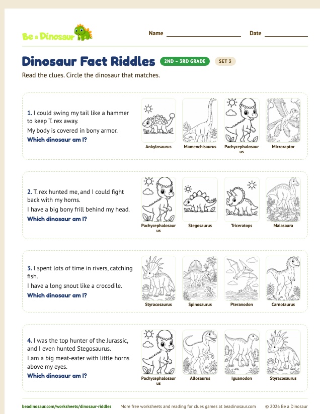 Dinosaur Fact Riddles worksheet, set 3 (free printable from Be a Dinosaur)