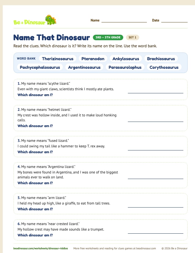 Name That Dinosaur worksheet, set 1 (free printable from Be a Dinosaur)