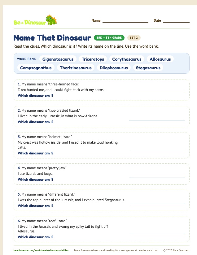 Name That Dinosaur worksheet, set 2 (free printable from Be a Dinosaur)