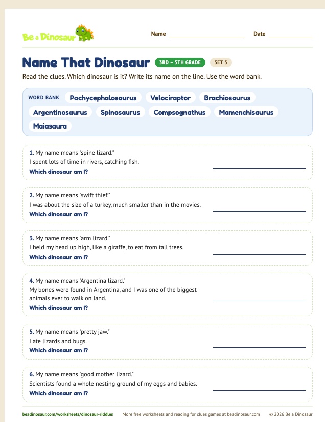 Name That Dinosaur worksheet, set 3 (free printable from Be a Dinosaur)