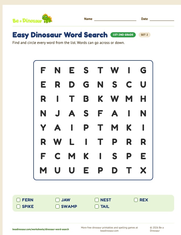 Easy Dinosaur Word Search worksheet, set 2 (free printable from Be a Dinosaur)